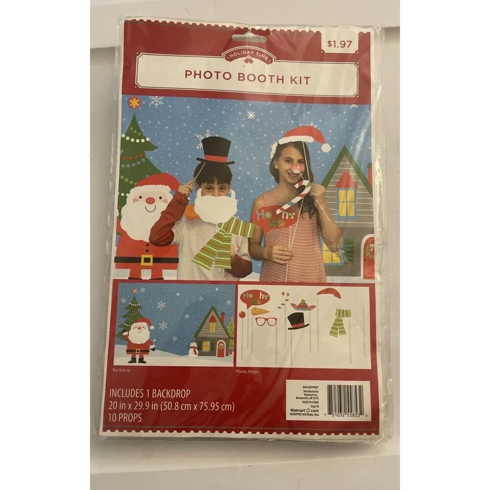Holiday Time Christmas Photo Booth Props Kit 10 Props 1 Backdrop 20 x 29